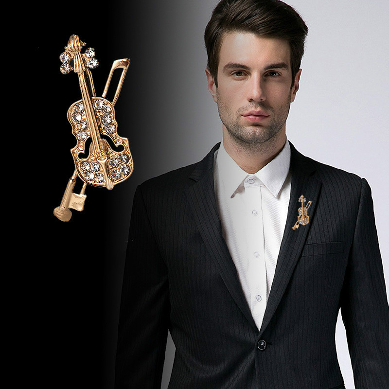 Vintage Brooch Pin - Bros biola kristal, peralatan musik mewah,